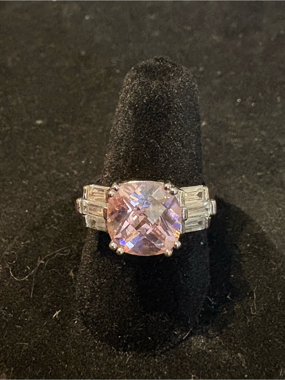 Classic Pink Cushion-Cut Ring with Clear Side Stones Sz. 7 1/4